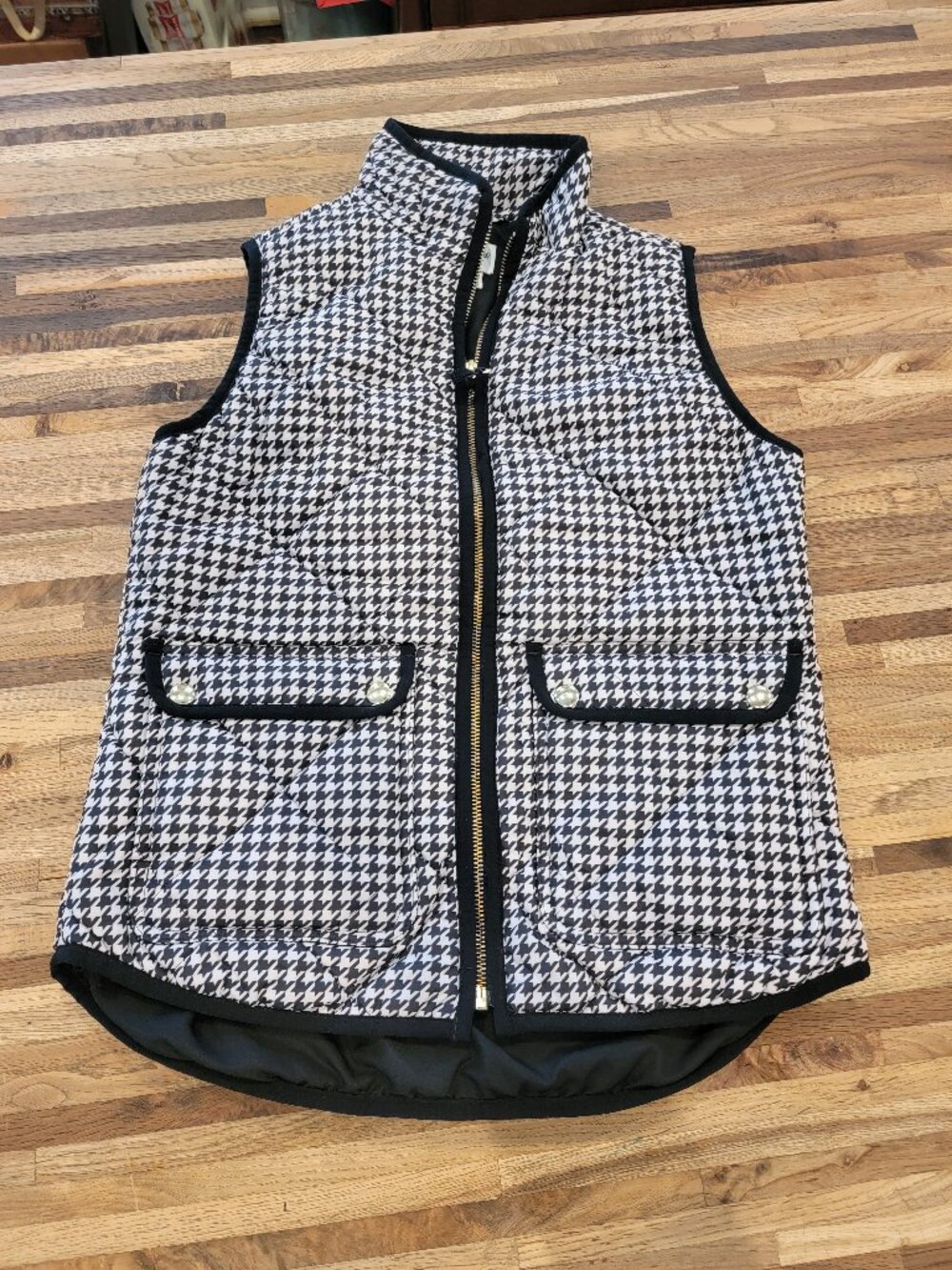 J. Crew Quilted Puffer Houndstooth Black/White Print Vest